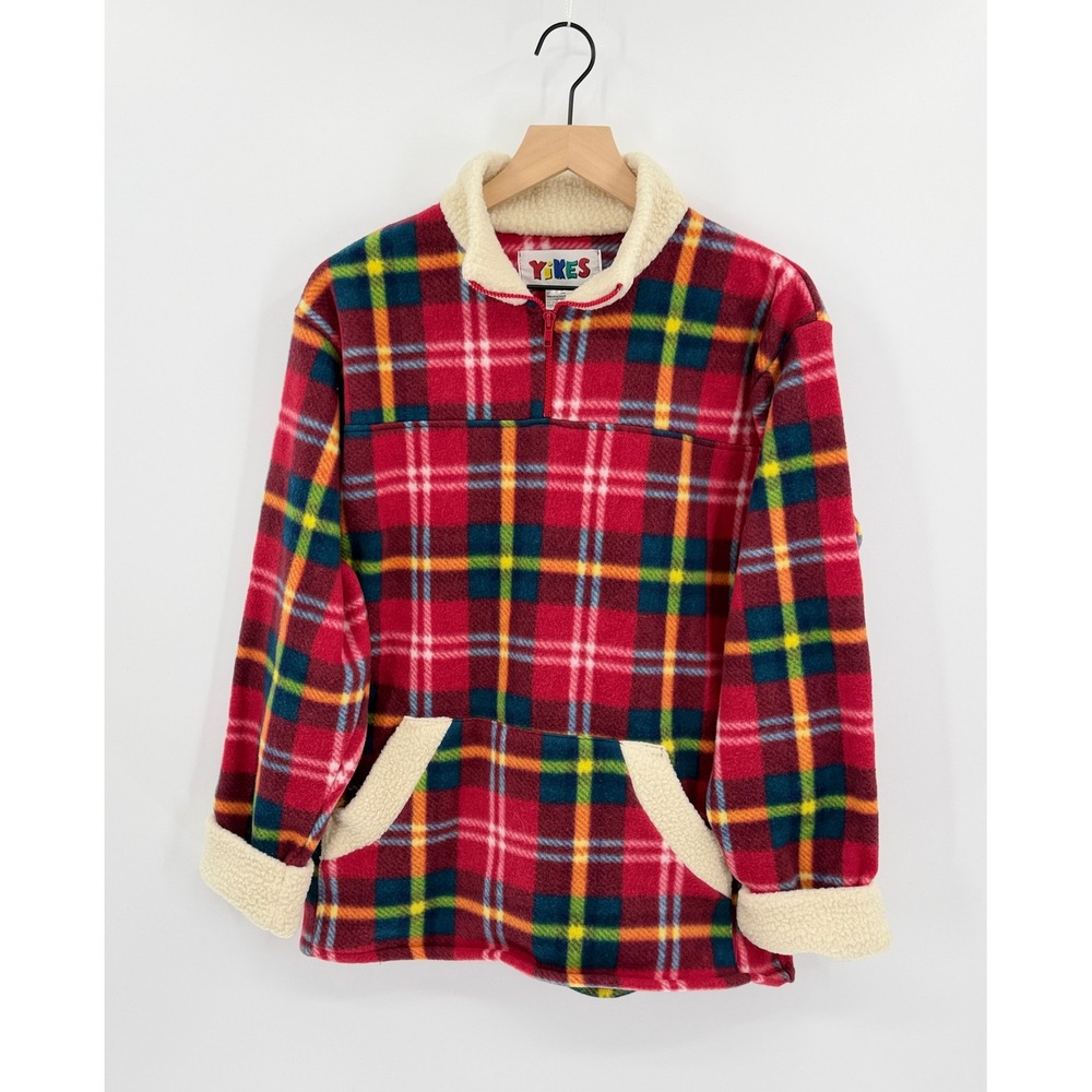 Vintage 90's Yikes Fleece Pullover Plaid Quarter Zip Sherpa Trim S Colorful